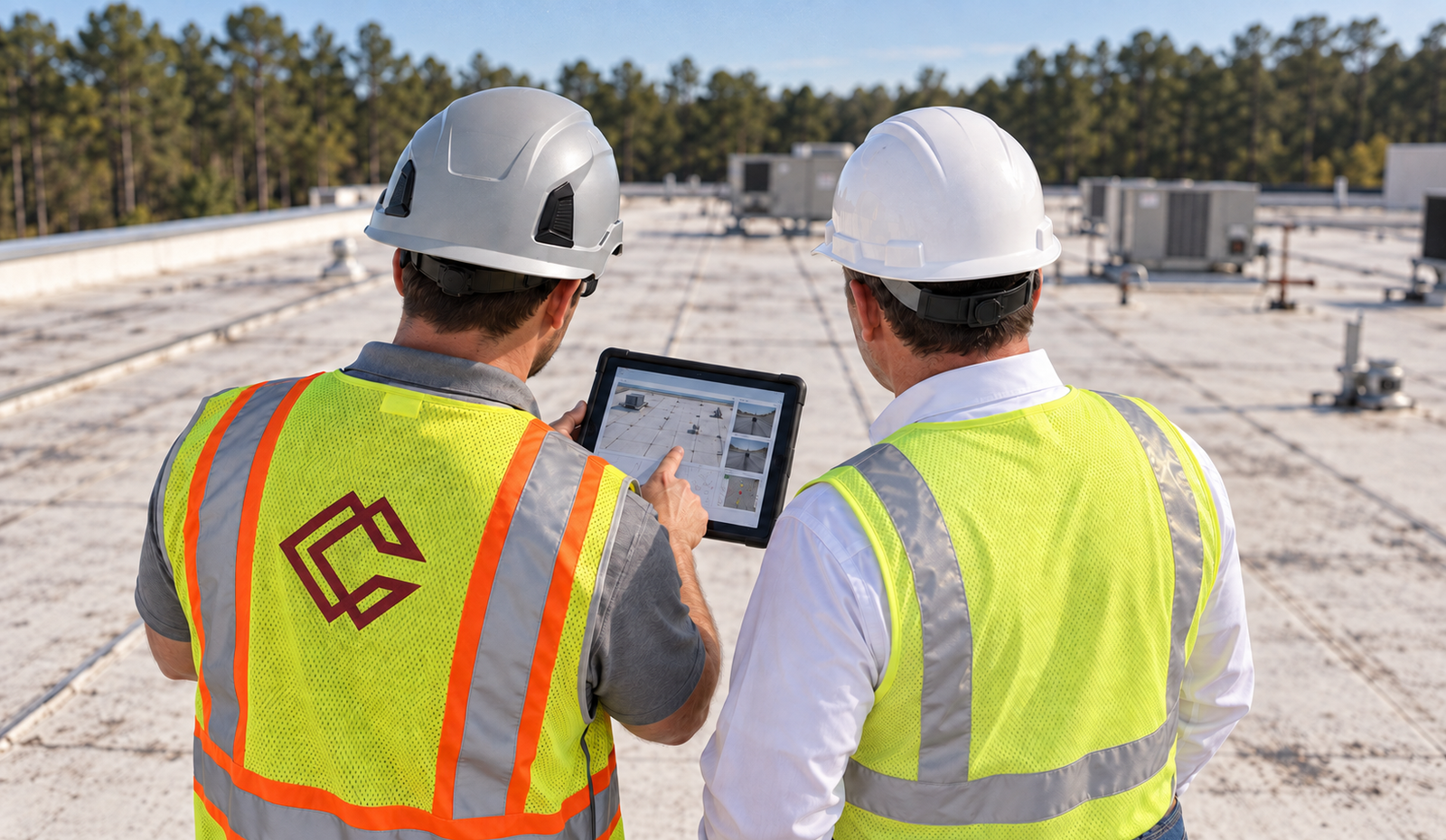 Two Crabapple Roofing team members in safety vests reviewing plans on a tablet on a commercial rooftop