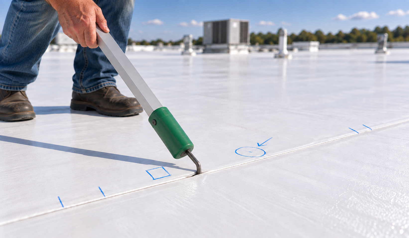 Crabapple Roofing technician applying a roof coating with a roller on a flat commercial roof near HVAC units