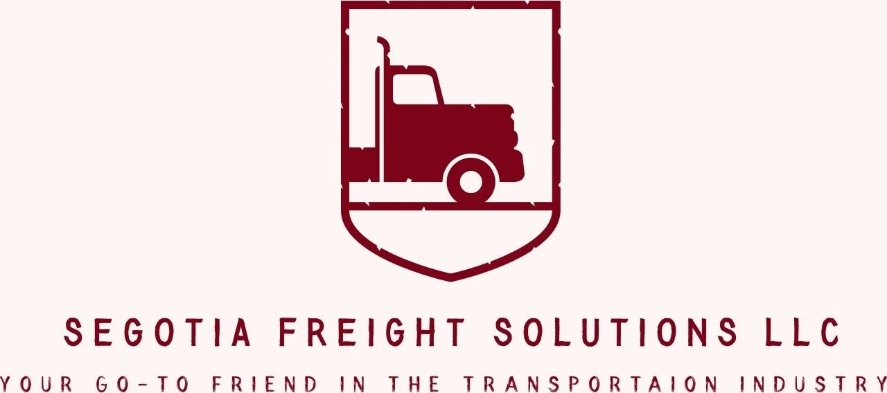 Logo of Segotia Freight Solutions LLC featuring a maroon silhouette of a semi-truck in a shield outline, with the text 'Segotia Freight Solutions LLC' and the tagline 'Your go-to friend in the transportation industry'.