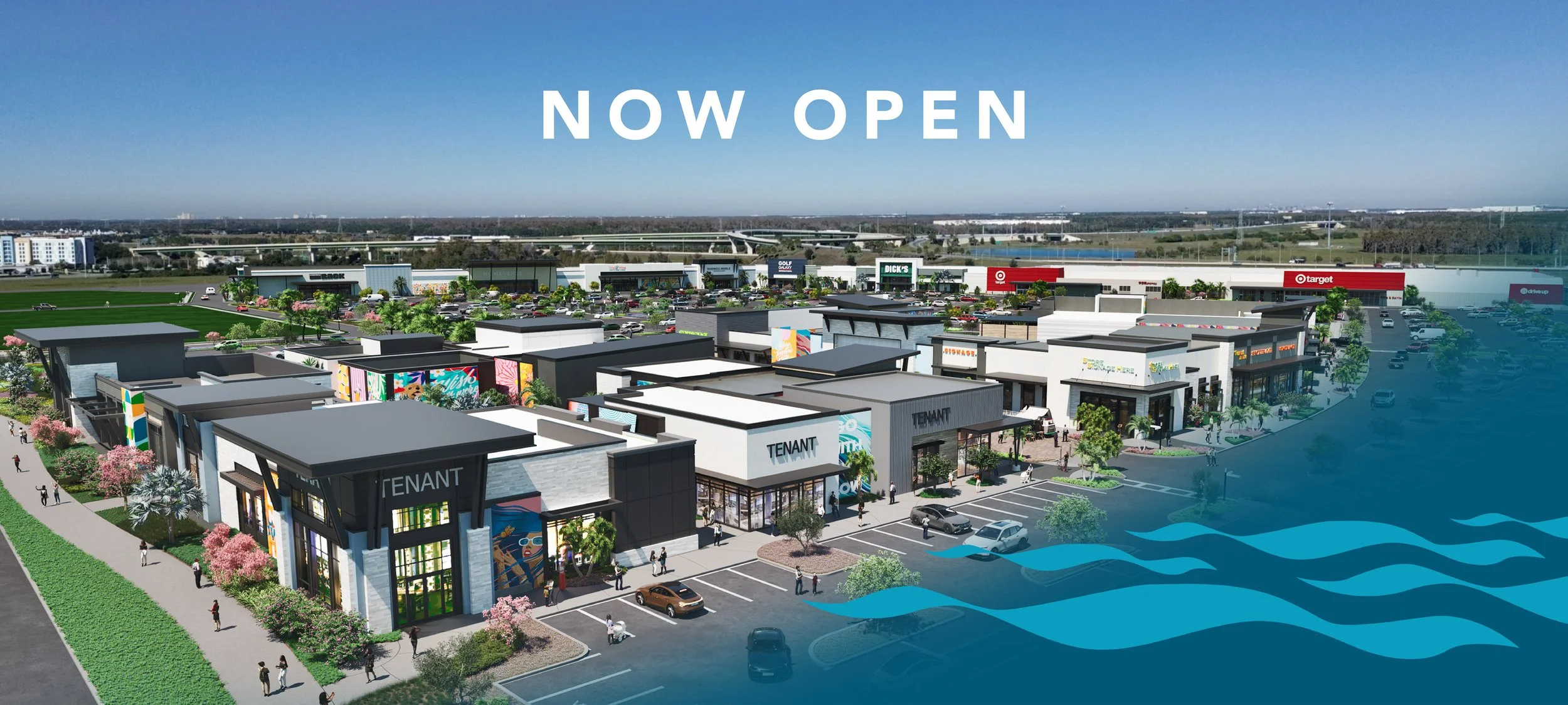 Aerial rendering of Lake Nona West showcasing shopping, dining and retail spaces now open