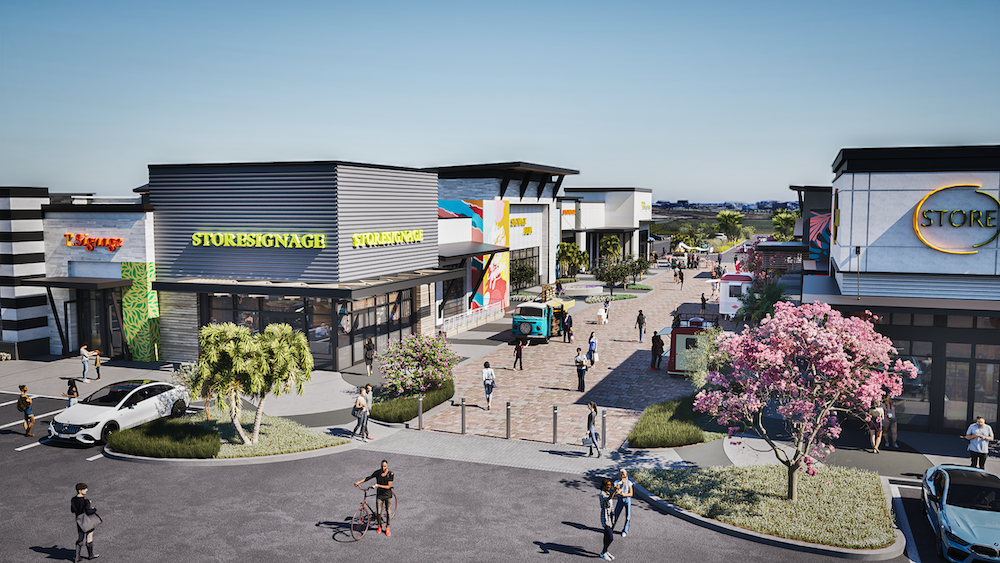 Rendering of Lake Nona West featuring walkable retail storefronts, outdoor dining and community gathering spaces