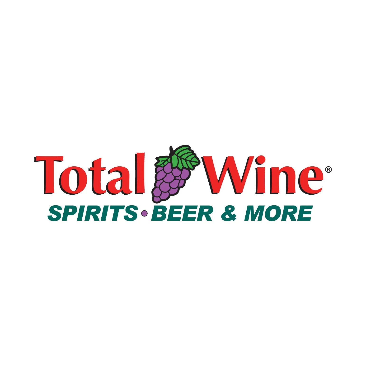 Logo for Total Wine, featuring a bunch of grapes above the words "Total Wine" with the subtitle "Spirits, Beer & More".