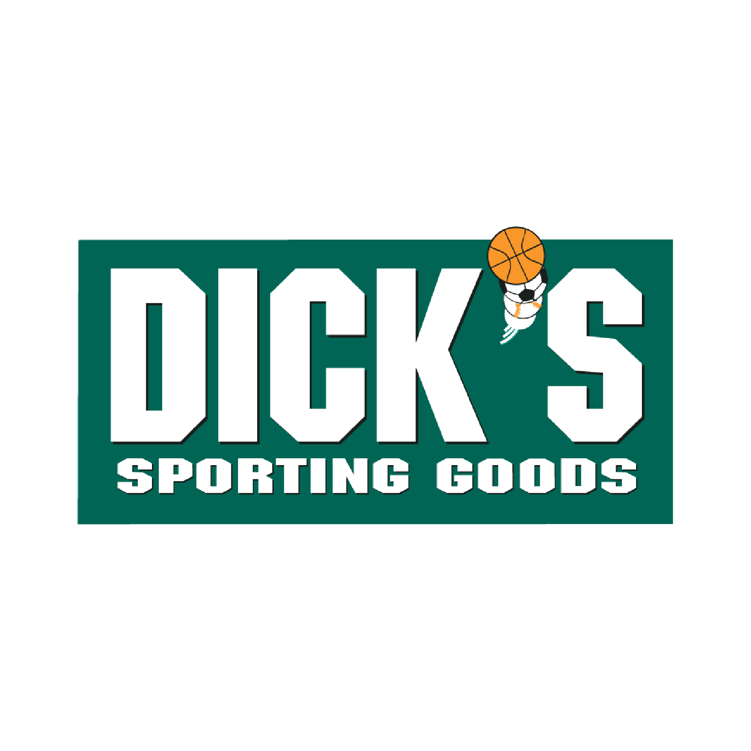 Logo for Dicks Sporting Goods featuring the brand name in white letters with a basketball-themed character in place of the letter 'I', holding a basketball and a soccer ball.