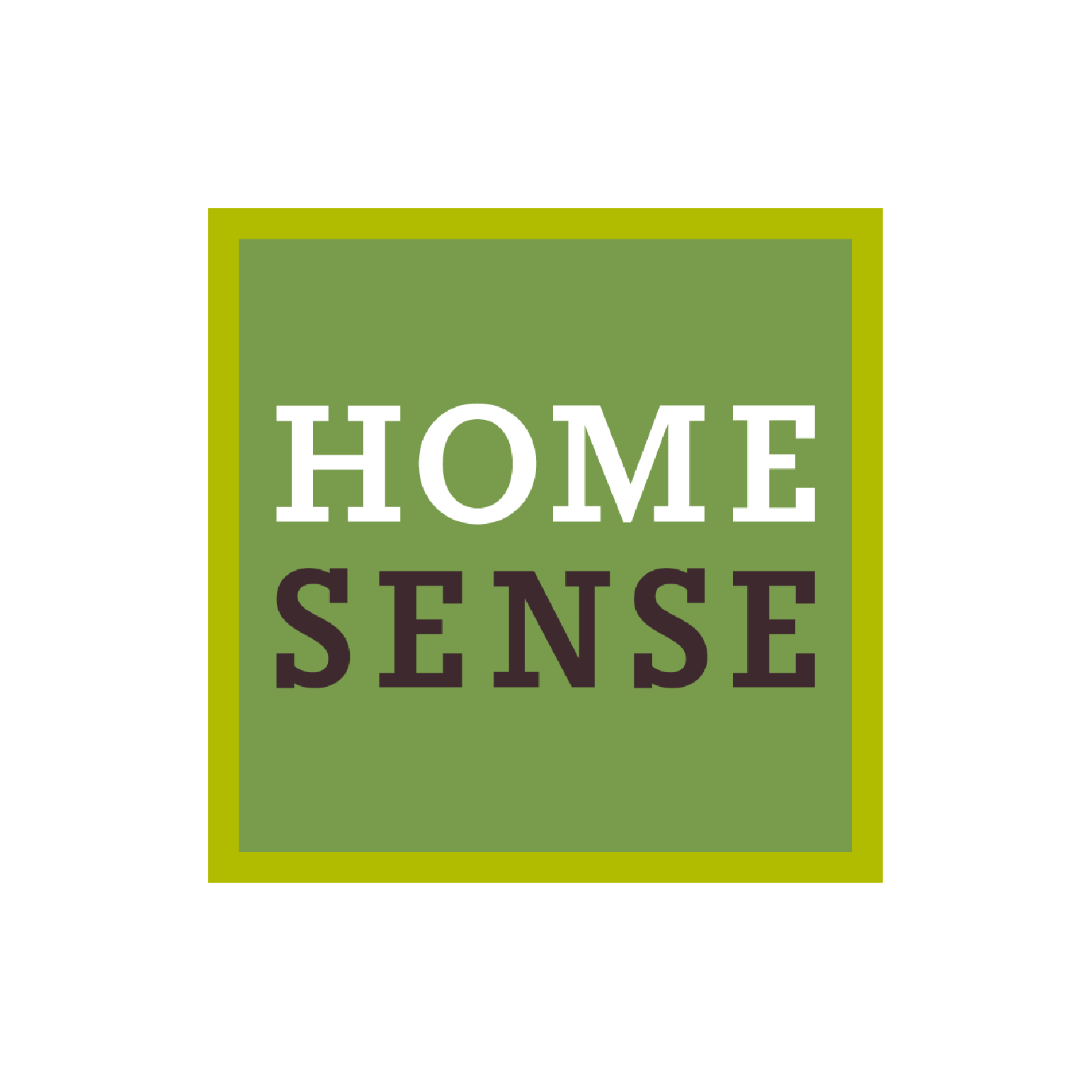 A green sign with the words "Home Sense" in white and dark brown text.
