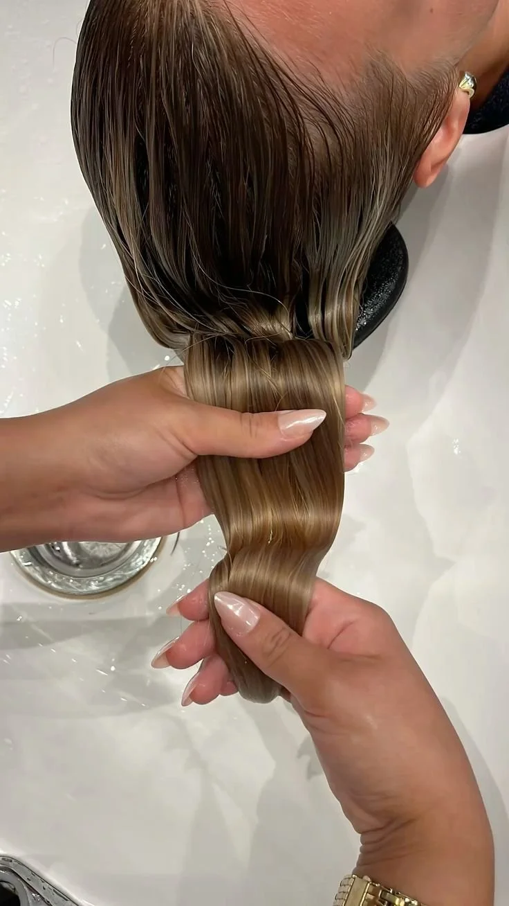 Person having long, wavy, light brown hair washed in a salon sink.
