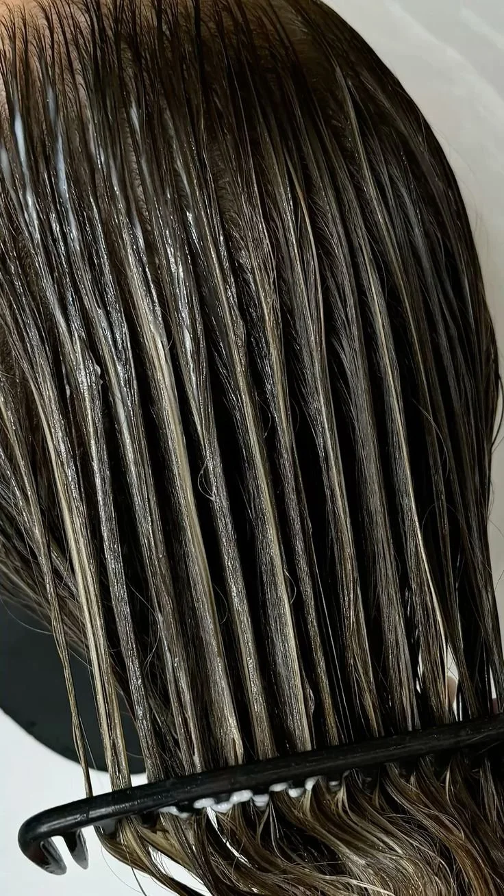 Close-up of wet, straight, dark blonde to light brown hair with silver highlights, on a black comb.