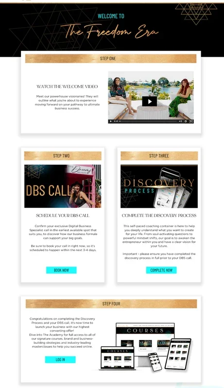 Webpage titled 'Welcome to The Freedom Era' with four steps for a digital business process. Step one includes a welcome video; Step two involves scheduling a call; Step three is completing a discovery process; Step four is accessing courses with devices shown.