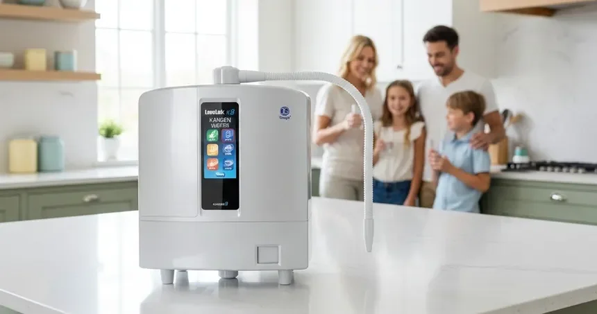 A family of four smiling in their kitchen with a water purification system on the counter in the foreground.