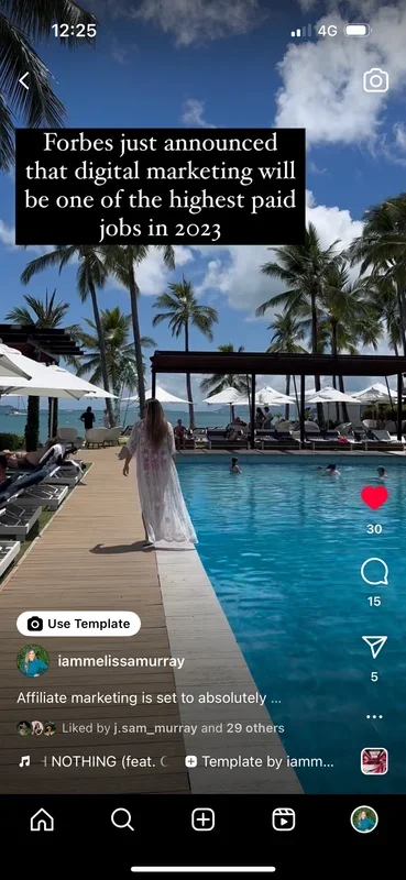 A woman in a white dress walking by a swimming pool at a resort, with palm trees and umbrellas in the background, under a partly cloudy sky. Text overlay states 'Forbes just announced that digital marketing will be one of the highest paid jobs in 2023.'