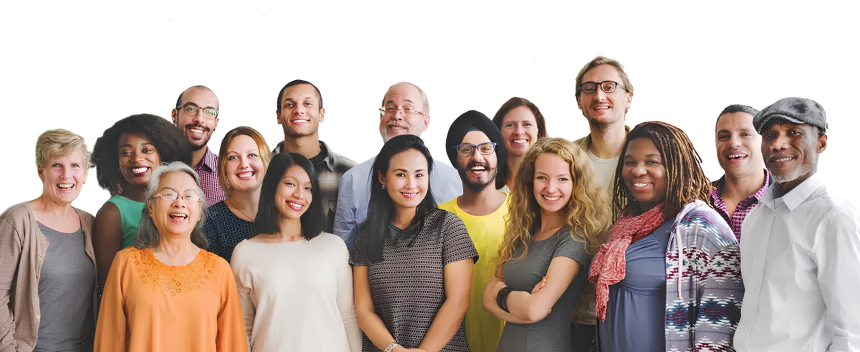 Group of diverse smiling people standing together in a studio setting.