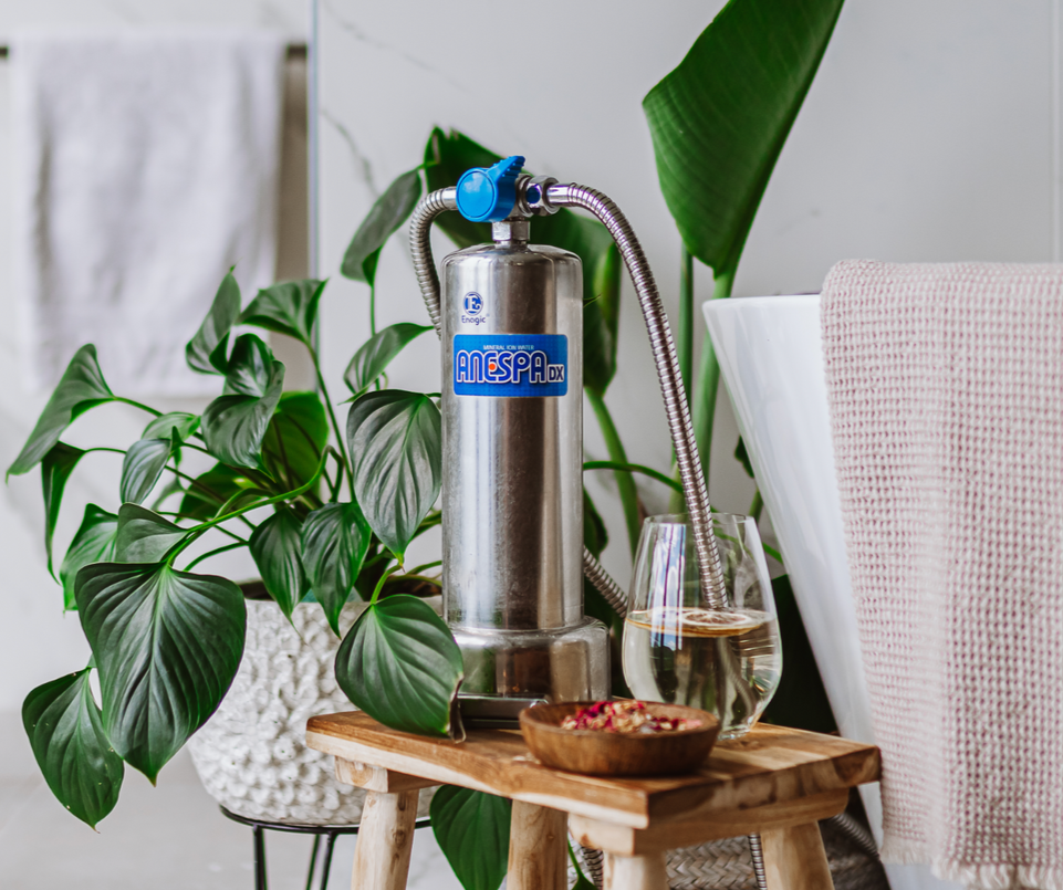 Water filtration system with a glass of water and a bowl of herbs on a small wooden table next to houseplants and a comfortable chair.