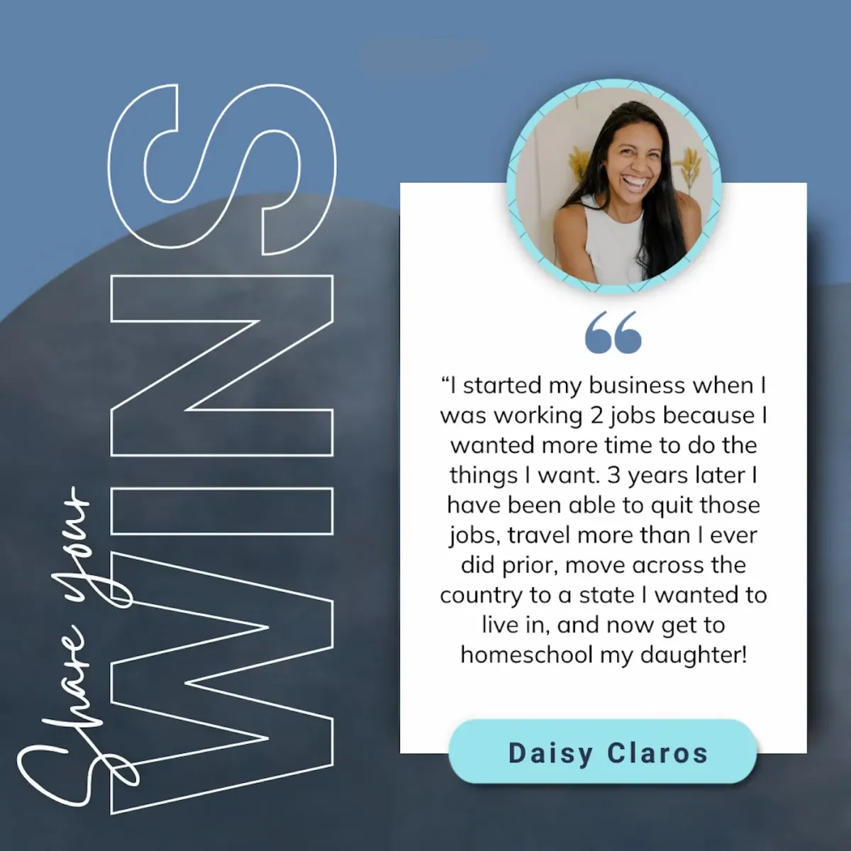 A testimonial image with a gradient blue background. On the left, large outline text says 'Welcome' with 'say' written vertically. On the right, a circular photo of a smiling woman with long dark hair and a white top. Next to the photo, a quote says, 'I started my business when I was working 2 jobs because I wanted more time to do the things I want. 3 years later I have been able to quit those jobs, travel more than I ever did prior, move across the country to a state I wanted to live in, and now get to homeschool my daughter!' Below the quote, a blue rounded rectangle contains the name 'Daisy Claros.'