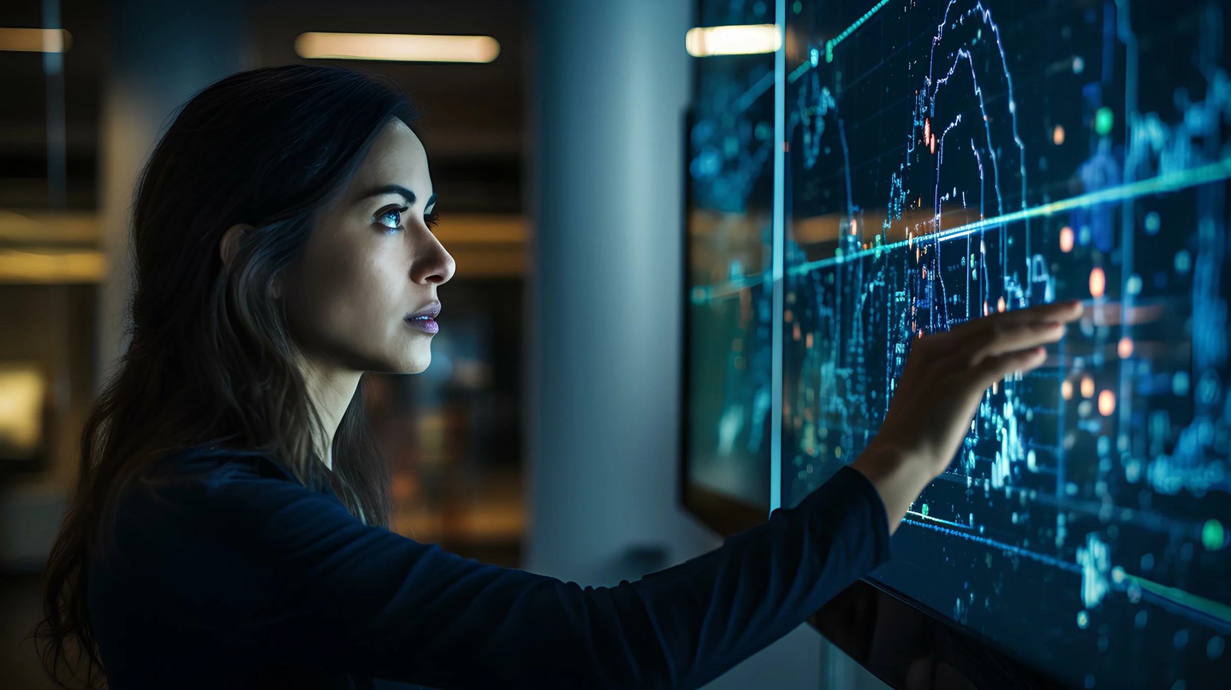 Woman looking at screen and analyzing data