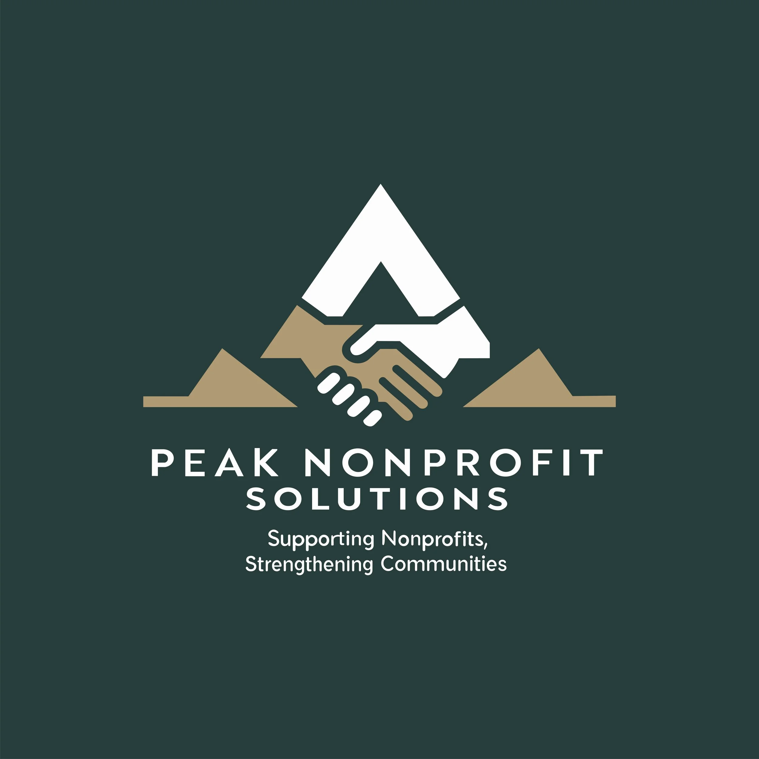 Logo for Peak Nonprofit Solutions featuring two hands shaking, mountain peaks in background, with the slogan 'Supporting Nonprofits, Strengthening Communities.'