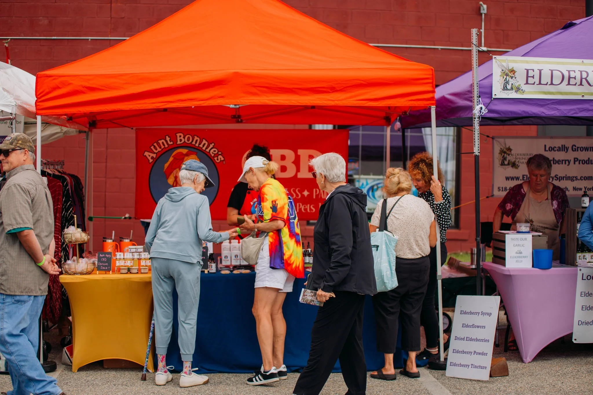 People shopping at an outdoor market stall selling elderberry products, with signs offering elderberry syrup, flowers, dried elderberries, powder, and tincture, under orange and purple tents.