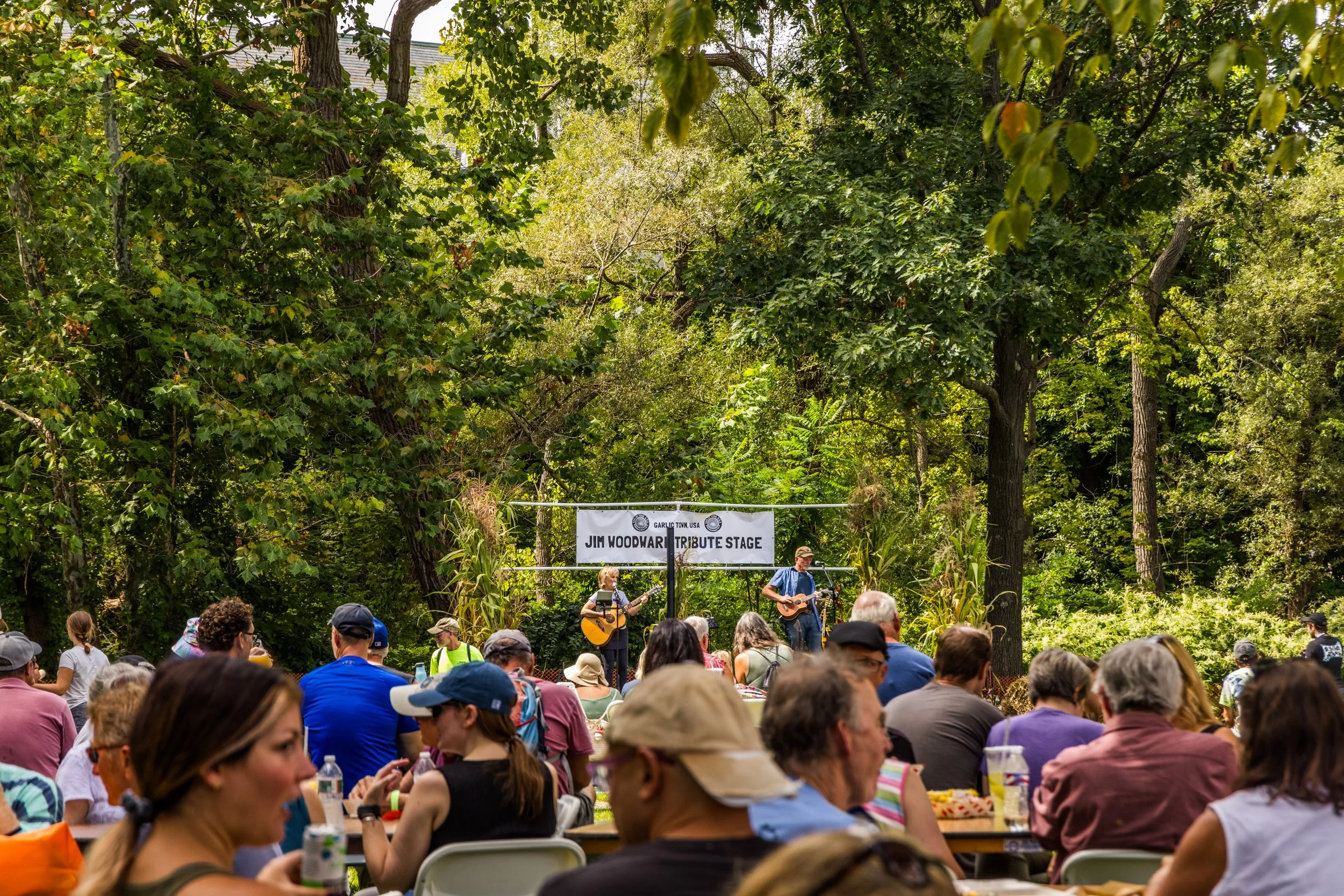 An outdoor concert with a crowd seated at picnic tables, watching musicians perform on a stage surrounded by trees.