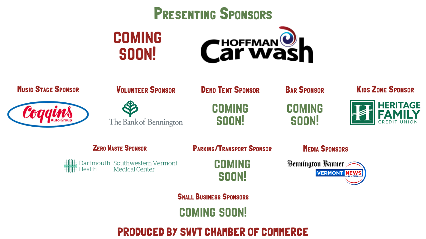 A sponsor board for a community event featuring the names and logos of various sponsors, including Hoffman Car Wash, Coggin's Auto Group, The Bank of Bennington, Heritage Family Credit Union, Dartmouth Health, Southwestern Vermont Medical Center, Bennington Banner, Vermont News Media, and several upcoming sponsors marked as coming soon. The header says 'Presenting Sponsors' in green, and the overall layout has sponsor categories labeled in red and green text.