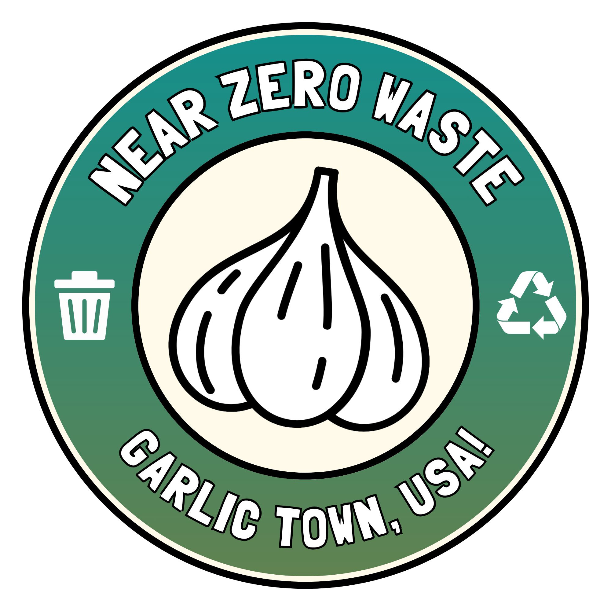 Cleanliness and recycling logo with garlic illustration and the text 'Near Zero Waste' and 'Garlic Town, USA'.