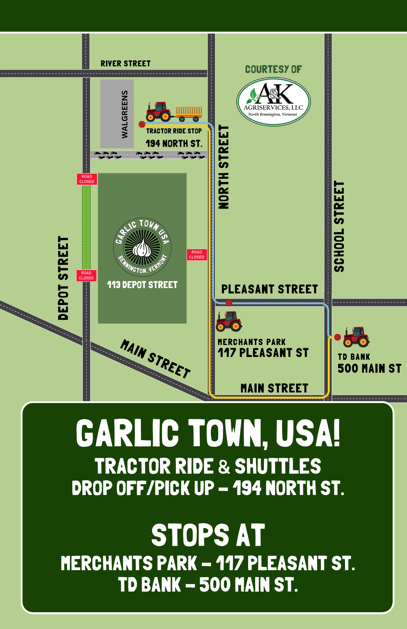 Map of Garlic Town, USA, showing streets, landmarks, and tractor shuttle routes for tractor ride and pickups at 194 North Street, Merchants Park at 147 Pleasant Street, and TD Bank at 500 Main Street.