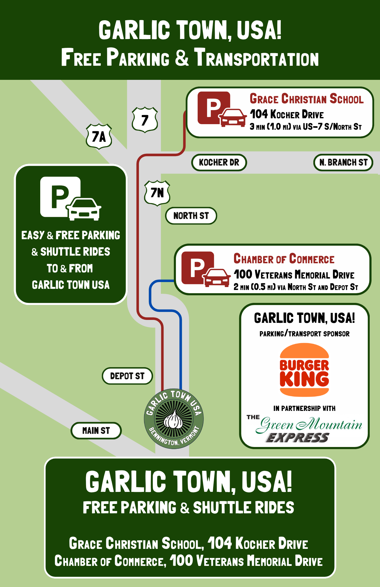 Map of Garlic Town, Vermont, showing free parking and shuttle routes to Grace Christian School and Chamber of Commerce, with logos of Burger King and Green Mountain Express.
