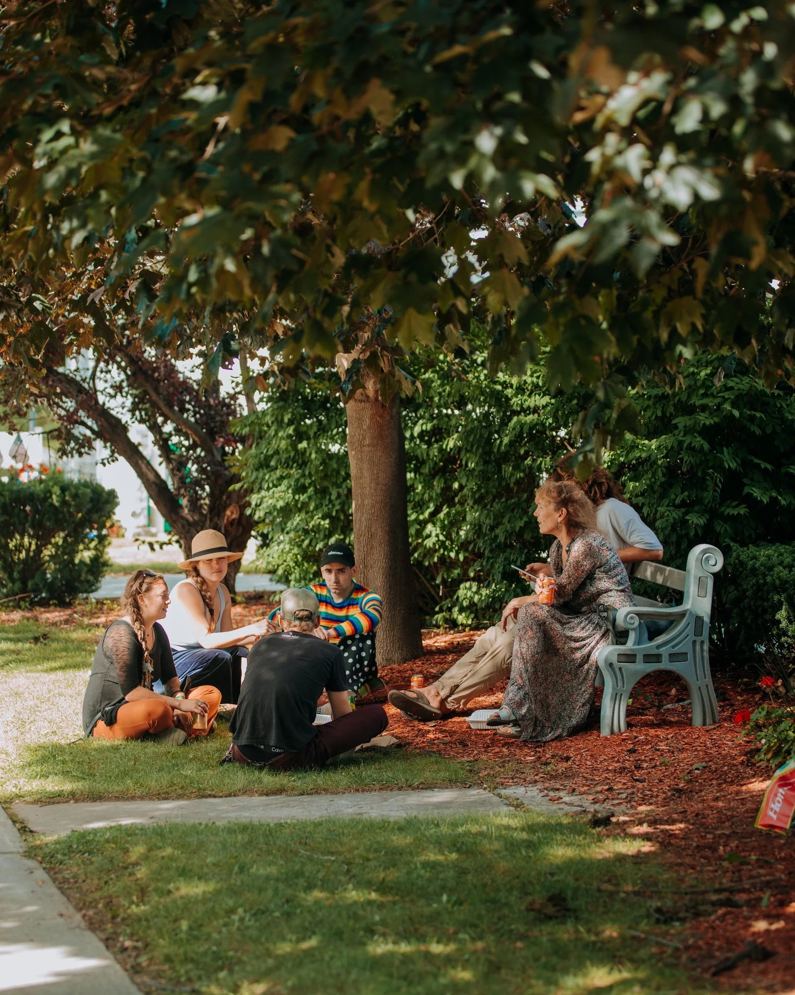 Group of people sitting on the grass and on benches under a large tree in a park