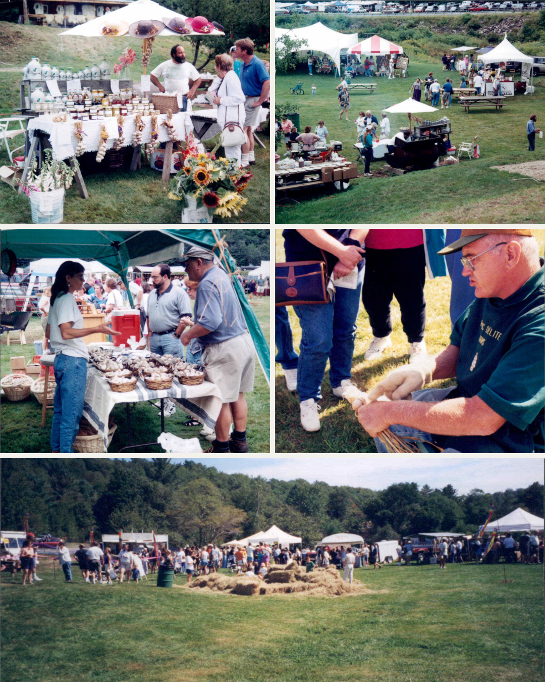 A collage of four photos from a local outdoor fair or market. The images depict vendor booths selling various products, people shopping and interacting, and a large gathering in an open grassy area with tents, hay bales, and trees in the background.