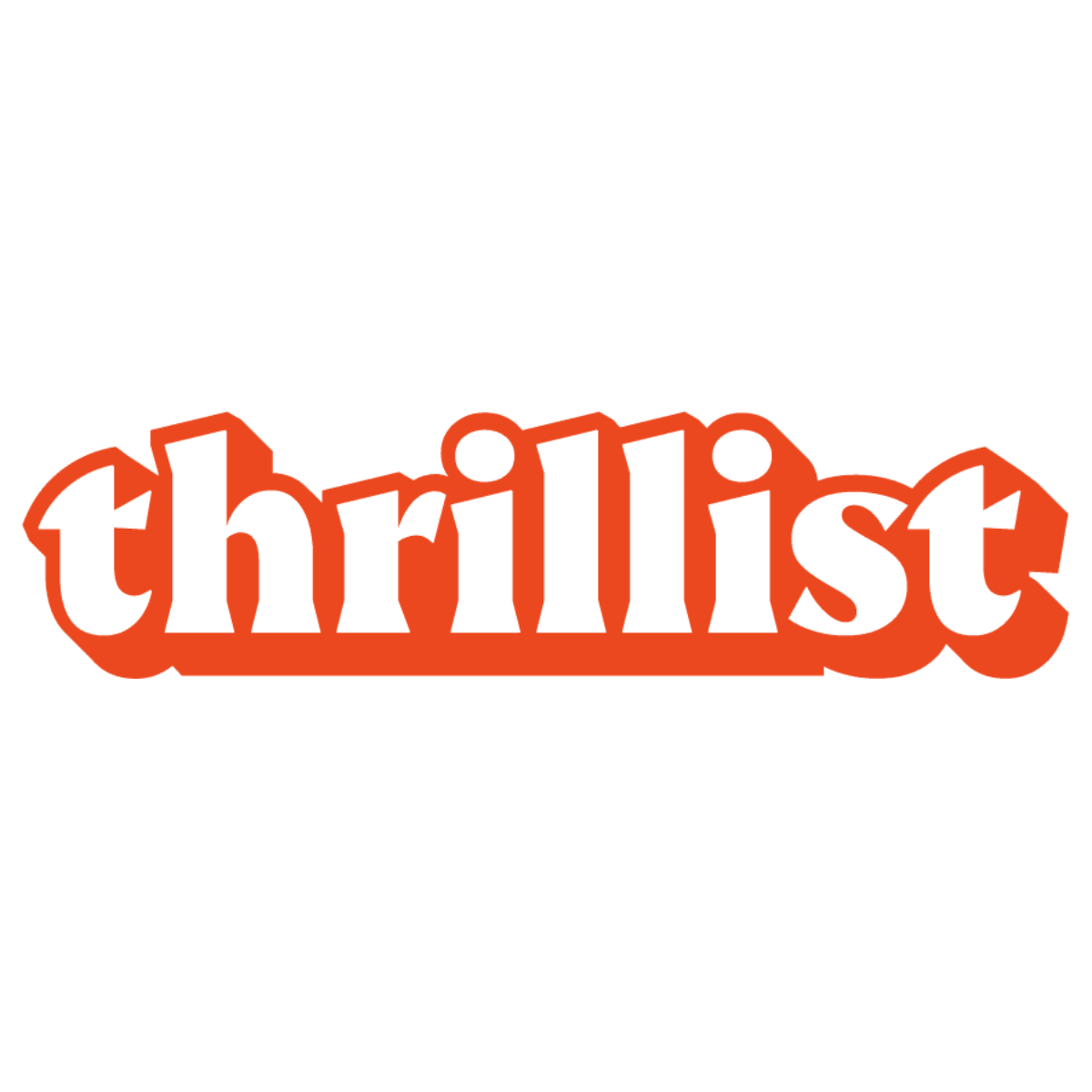 The word 'thrillist' written in bold, white, stylized font with a red outline on a white background.