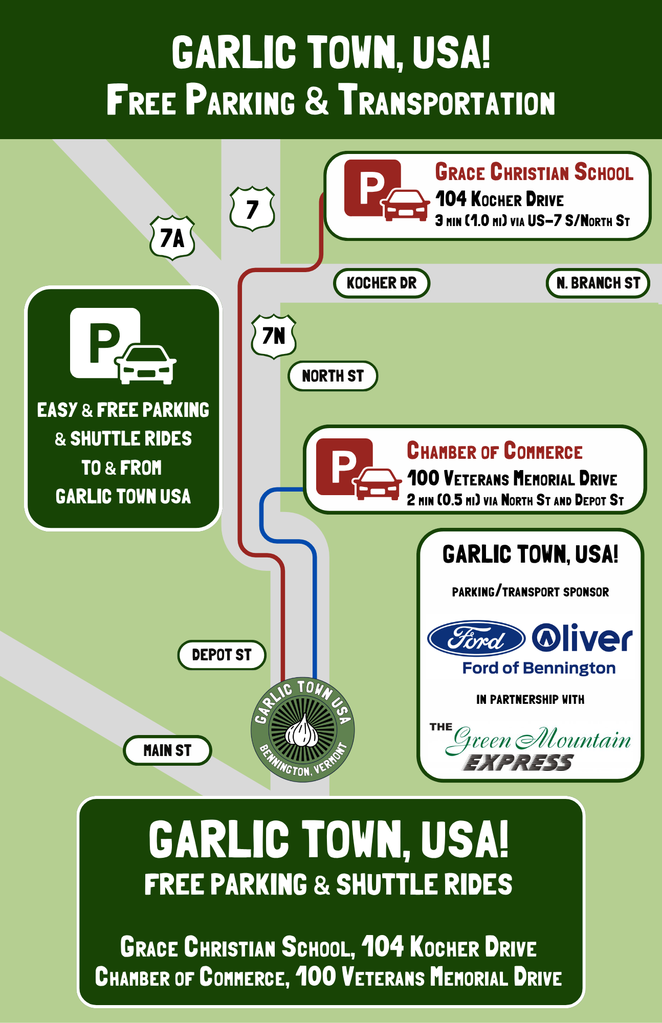 Map of Garlic Town, Vermont, showing free parking and shuttle routes to Grace Christian School and Chamber of Commerce, with logos of Burger King and Green Mountain Express.