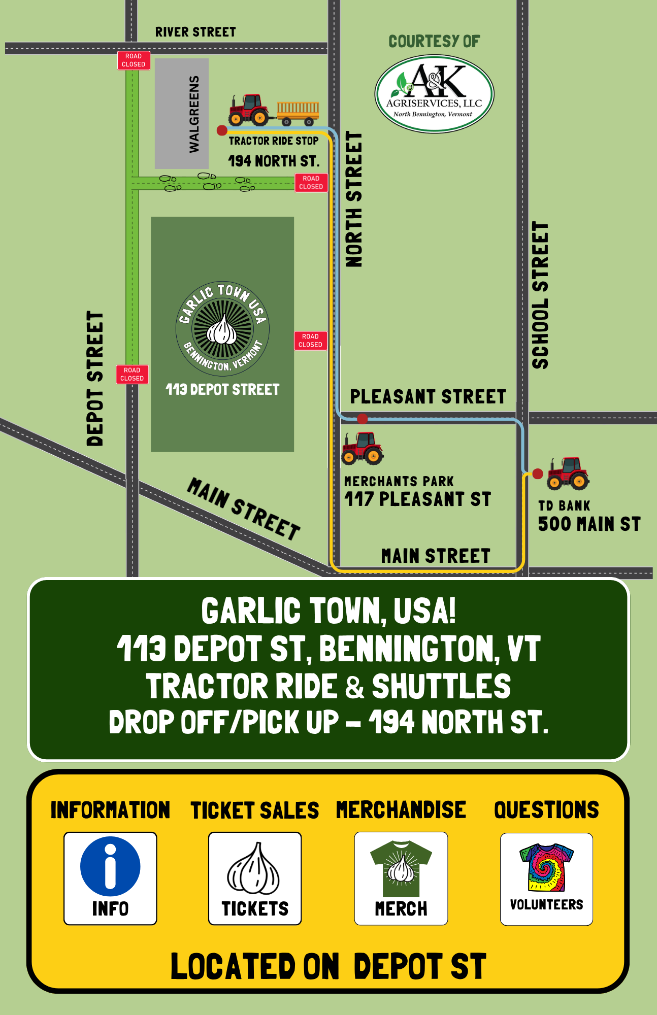 Map of Garlic Town, USA, showing locations on Depot Street, Main Street, Pleasant Street, and North Street, including a tractor ride stop at 194 North Street, a merchant park at 117 Pleasant Street, and a bank at 500 Main Street with various roads ma