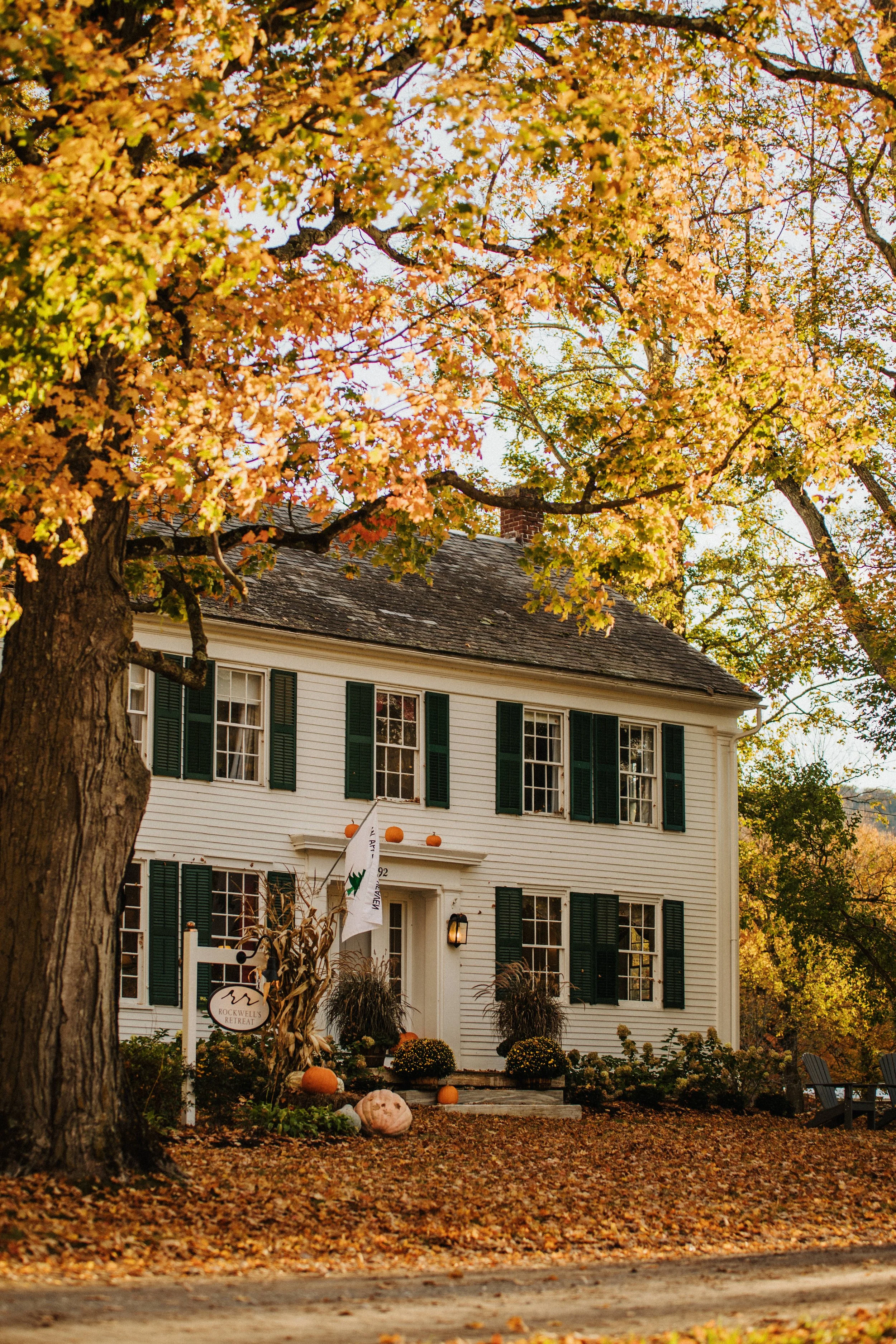 A white two-story house with green shutters and a dark roof, surrounded by fall foliage and decorated with pumpkins and autumn plants.