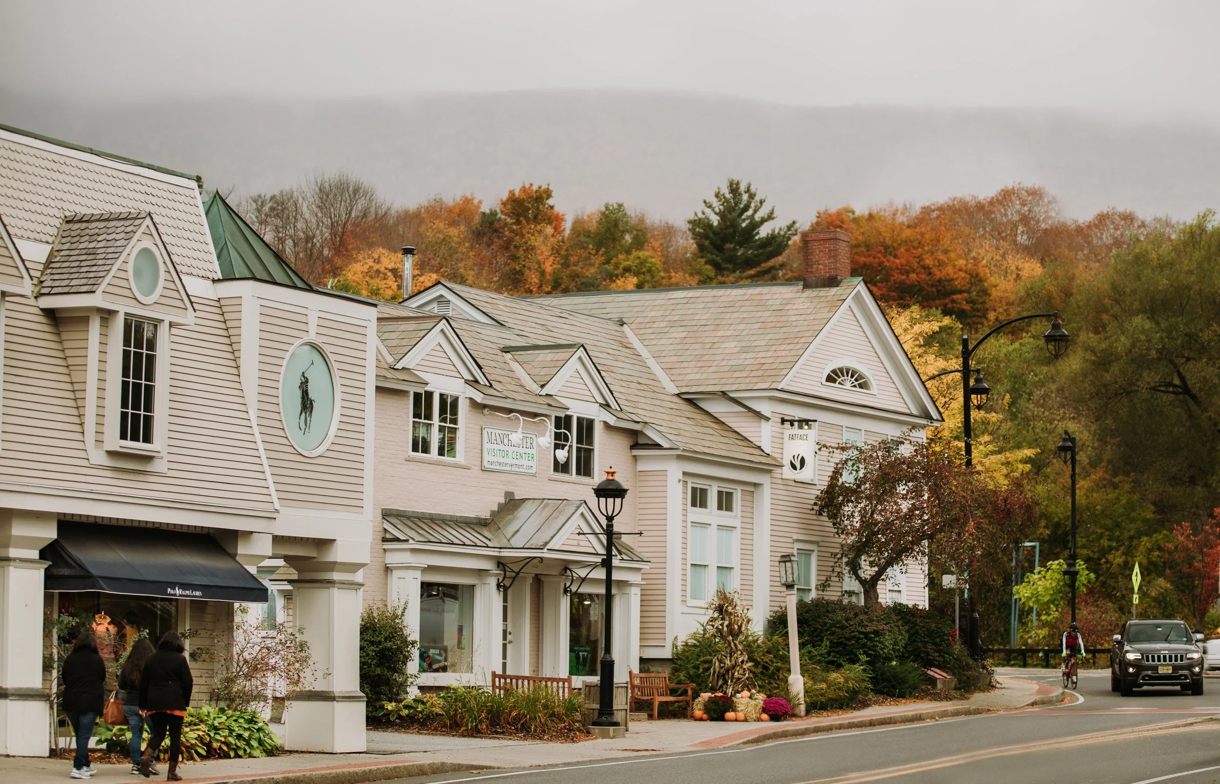 Street view of a shopping area with shops and benches, surrounded by trees with fall foliage, and a gray overcast sky.
