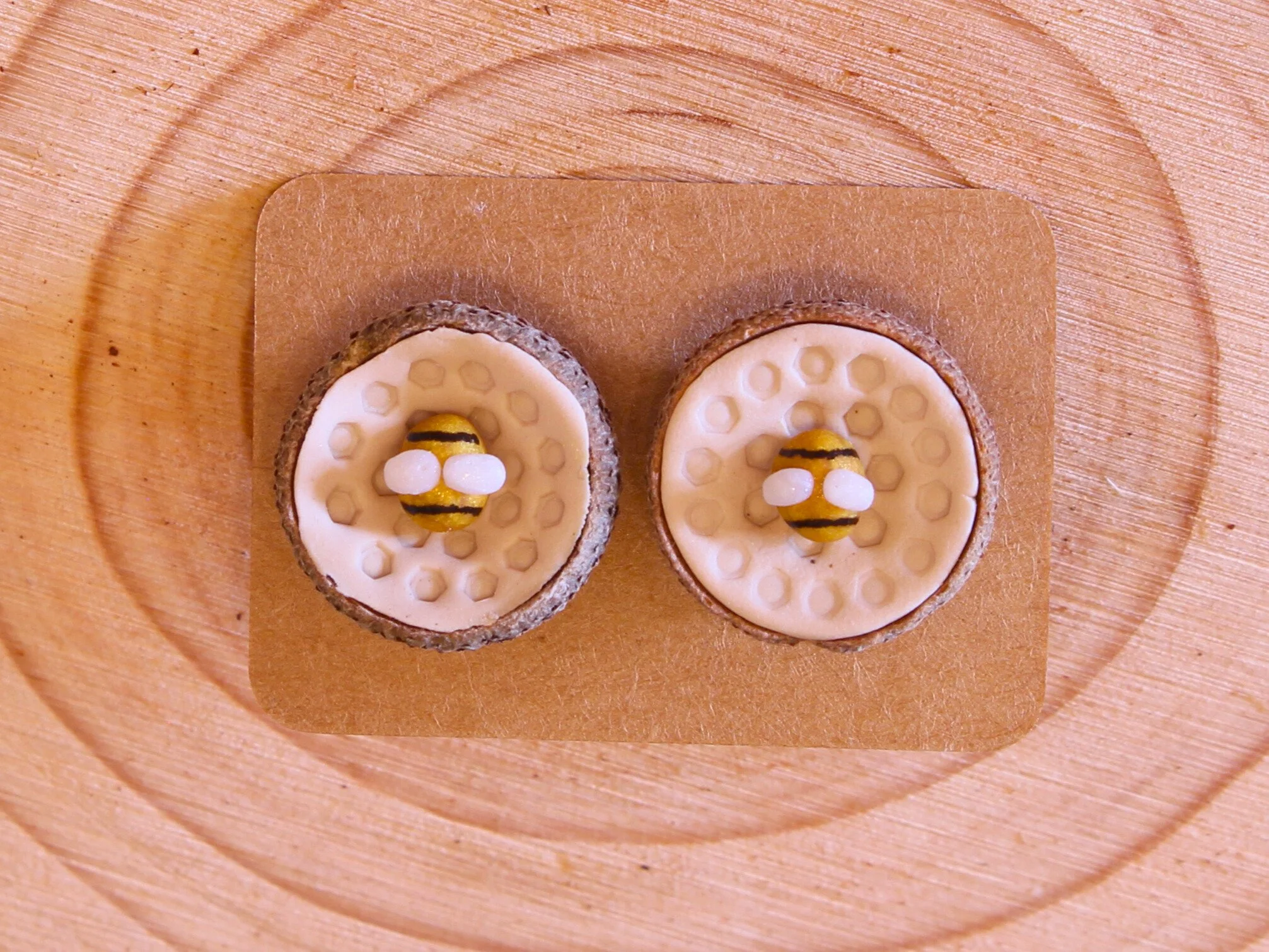 Handcrafted Acorn Cap Bee Stud Earrings