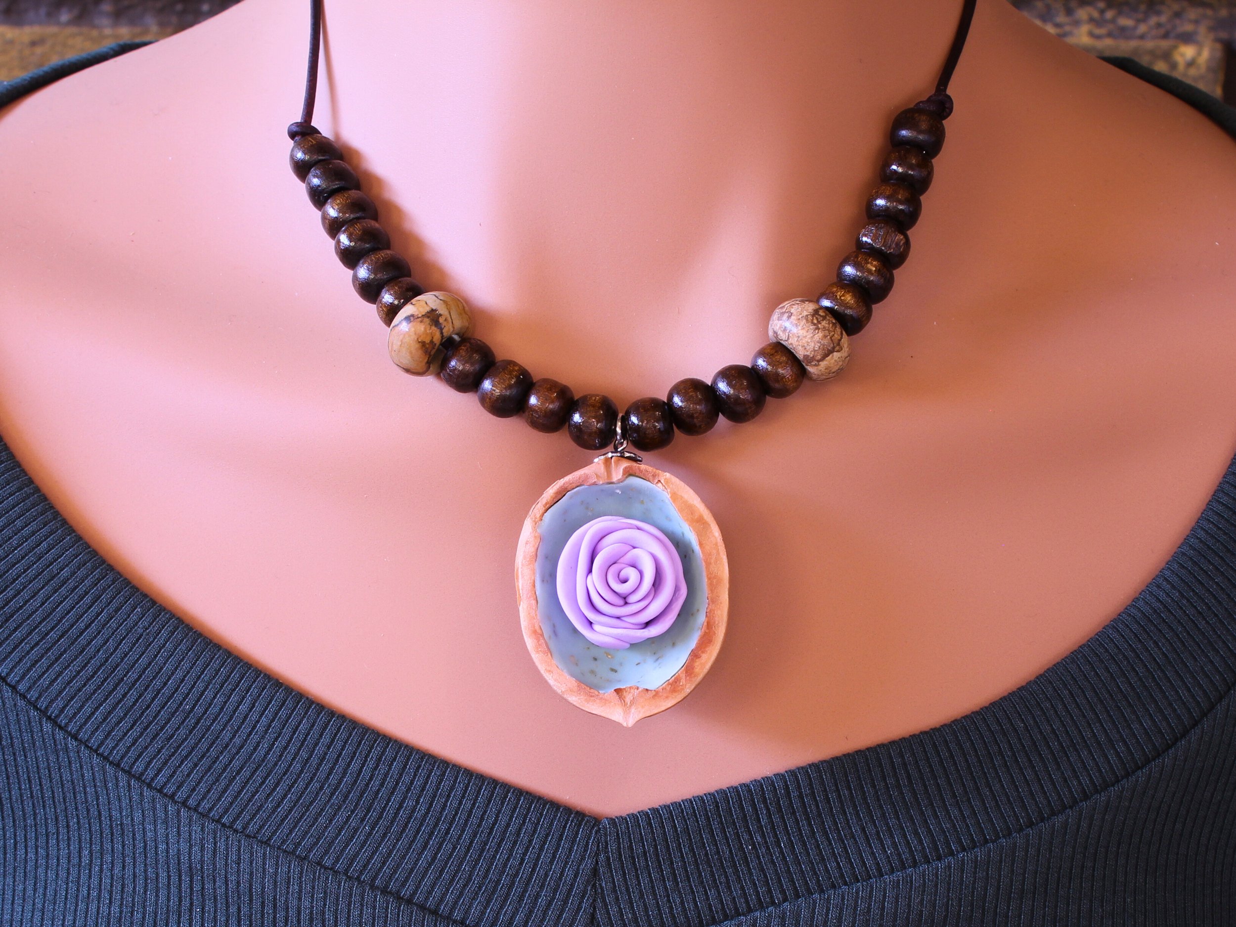 Handcrafted Walnut Shell Rose Pendant