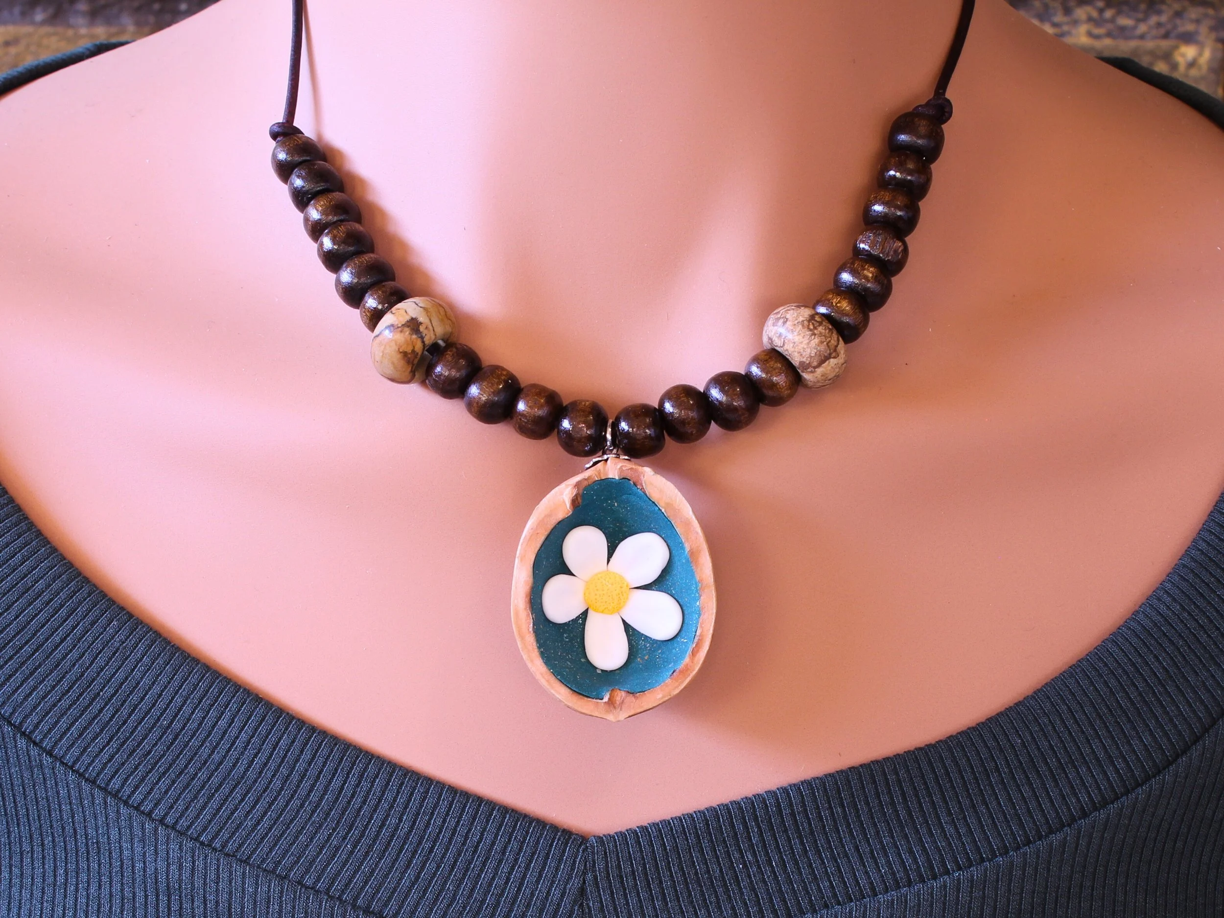 Handcrafted Walnut Shell Daisy Pendant