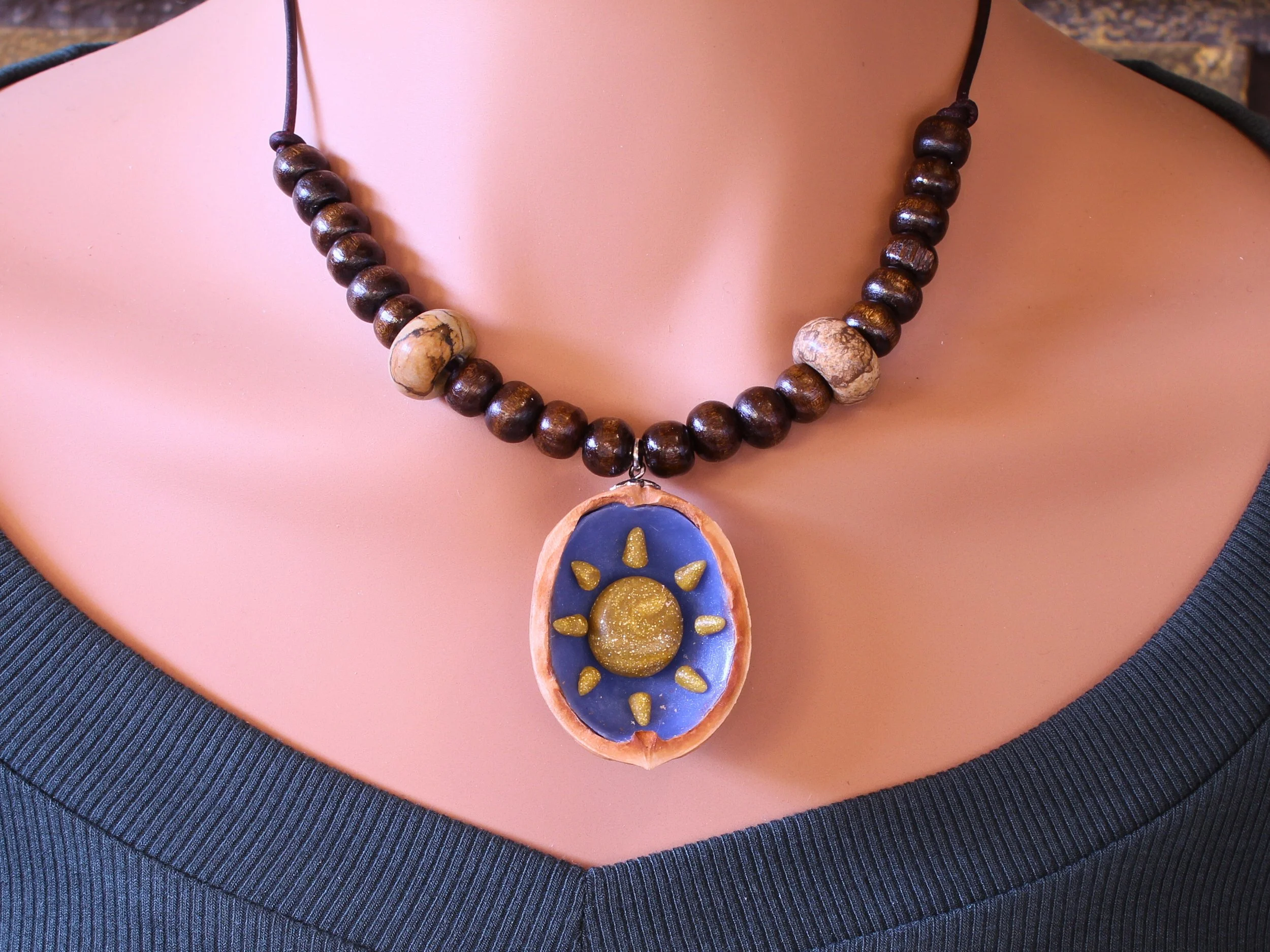 Handcrafted Walnut Shell Sun Pendant