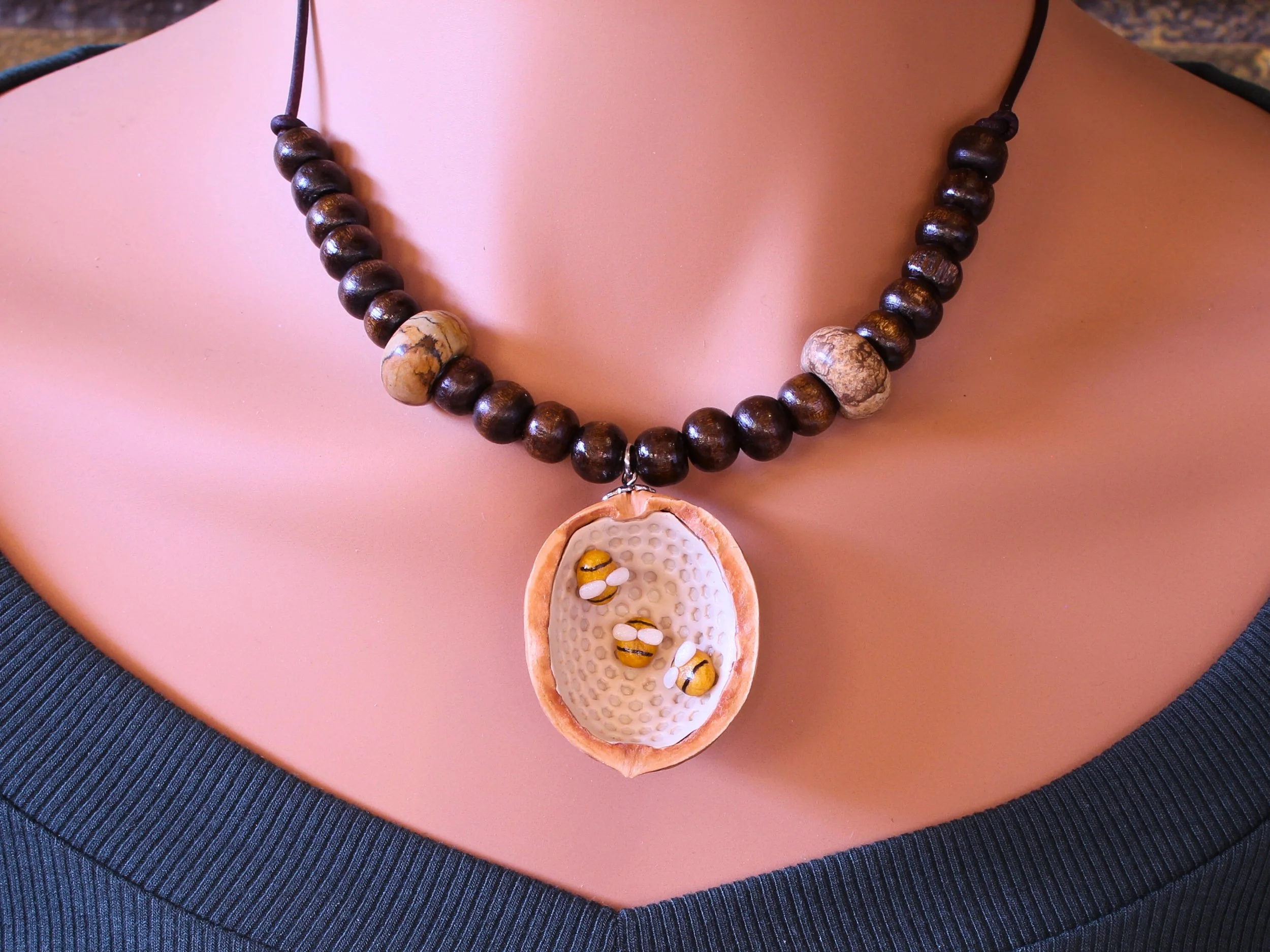 Handcrafted Walnut Shell Bee Pendant