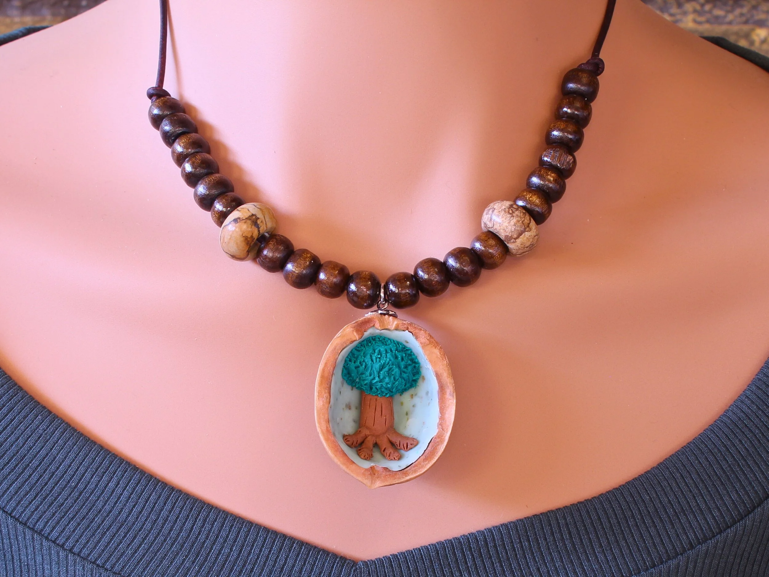 Handcrafted Walnut Shell Tree Of Life Pendant