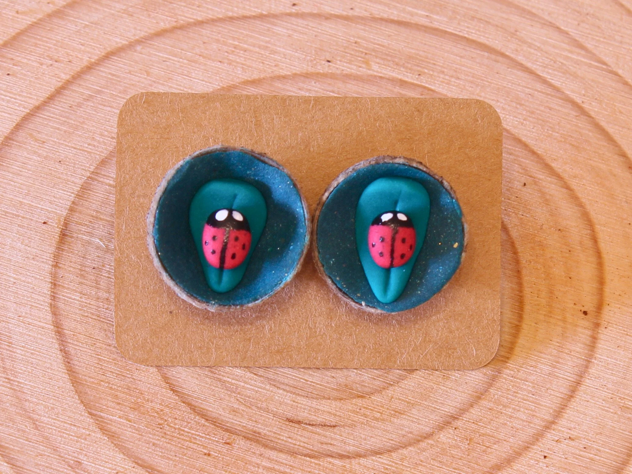 Handcrafted Acorn Cap Ladybird Stud Earrings