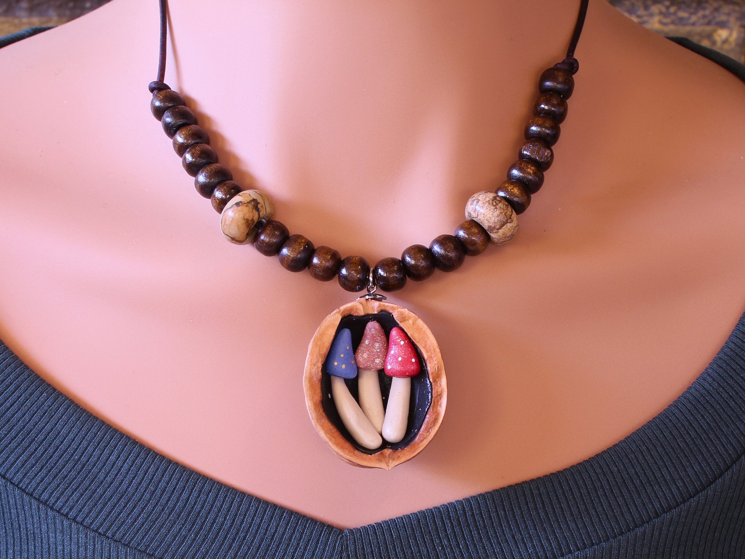 Handcrafted Walnut Shell Fairy Shroom Pendant