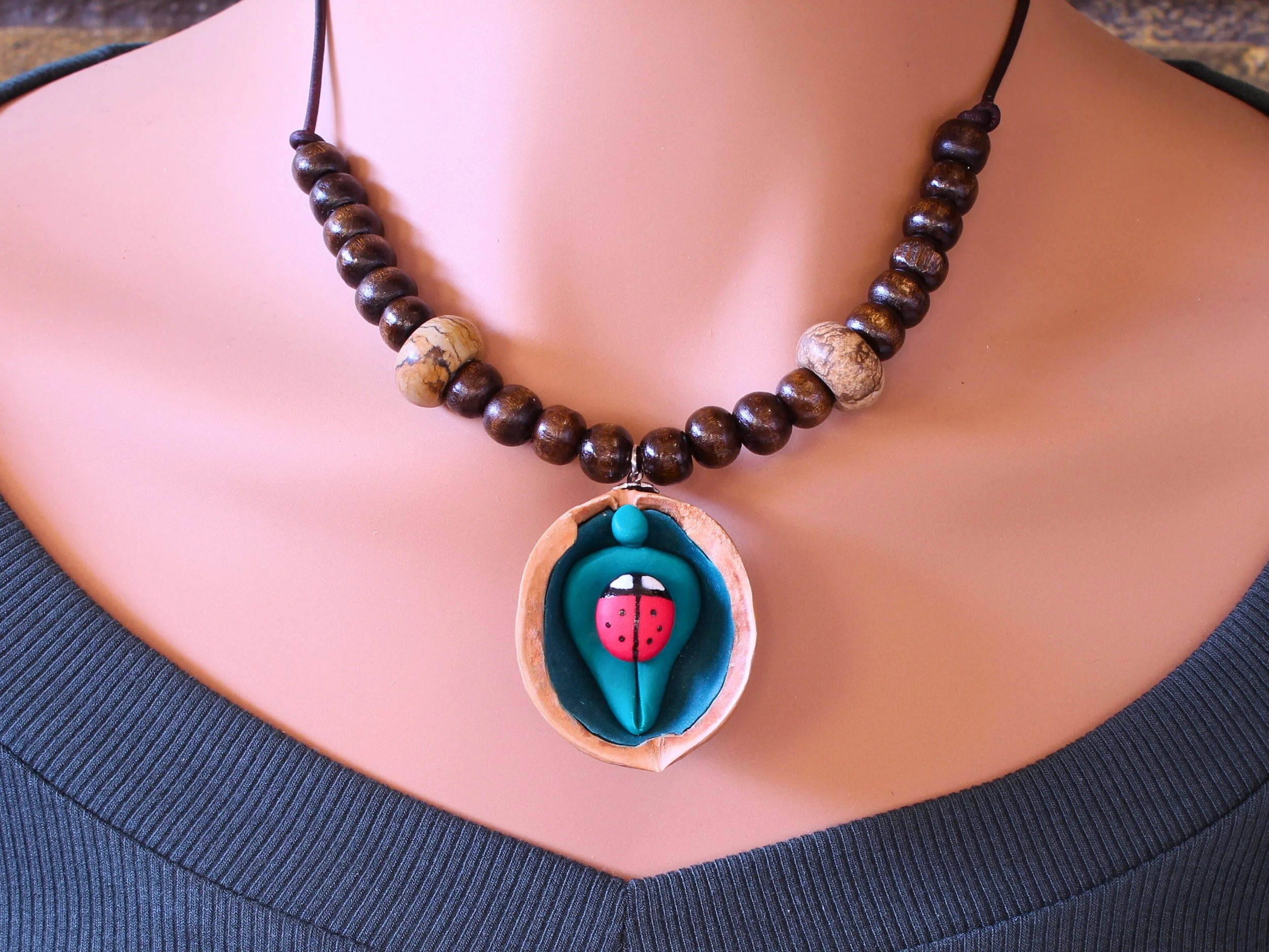 Handcrafted Walnut Shell Ladybird Pendant