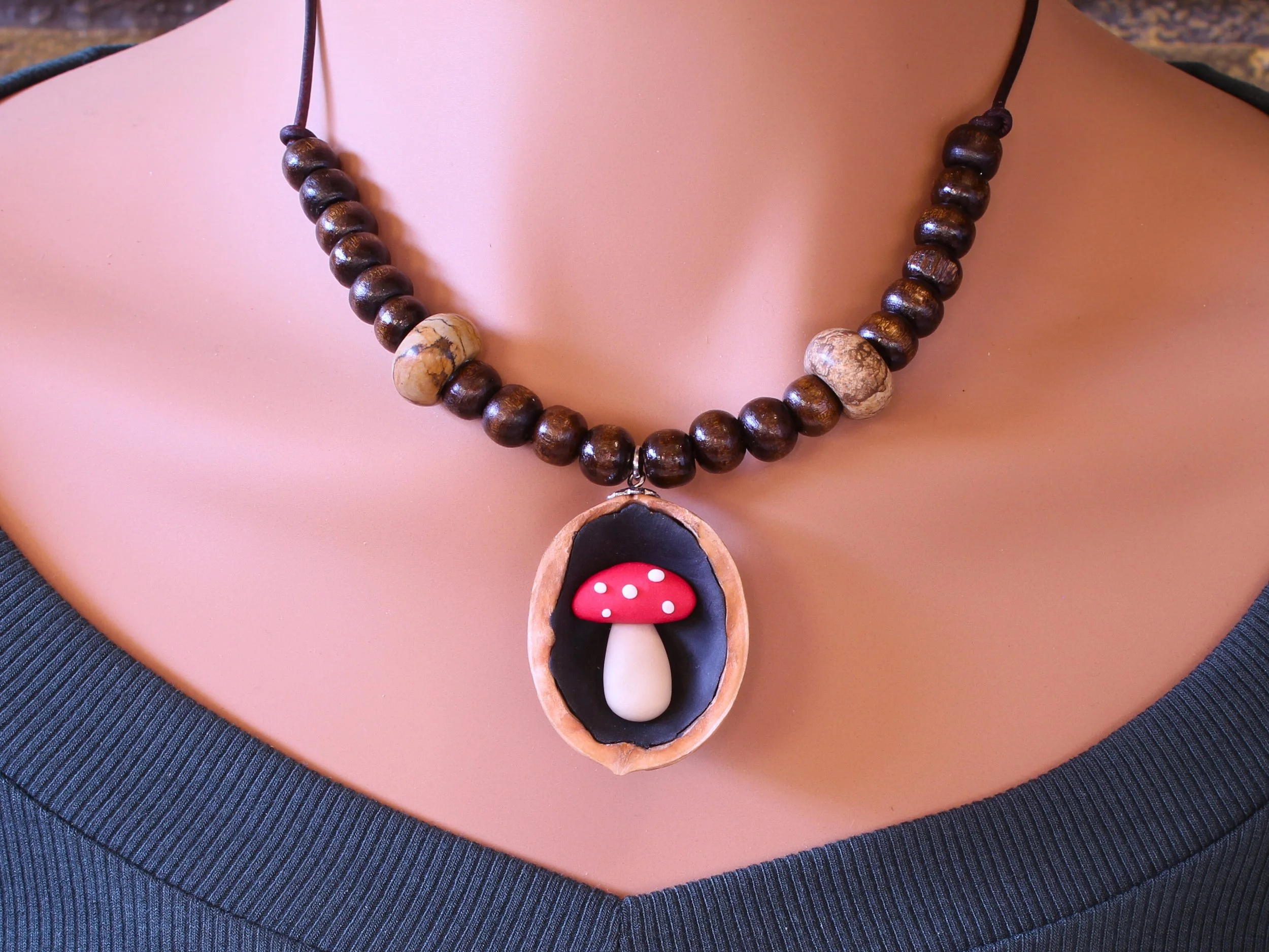Handcrafted Walnut Shell Mushroom Pendant
