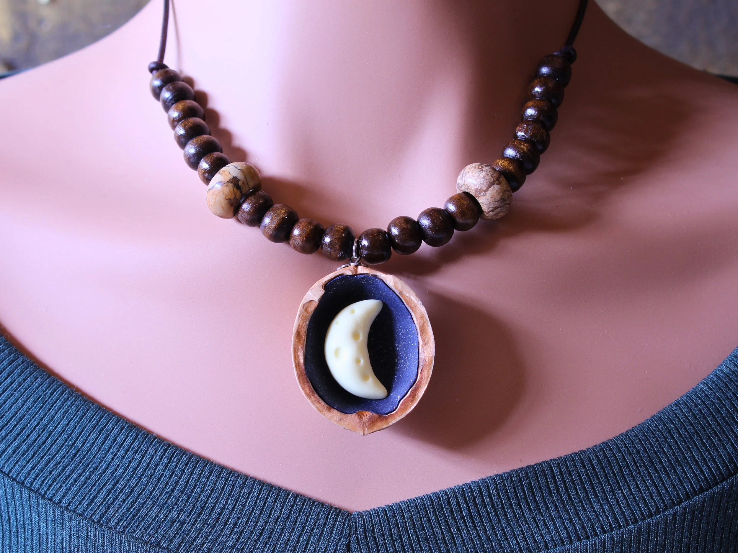 Handcrafted Walnut Shell Moon Pendant