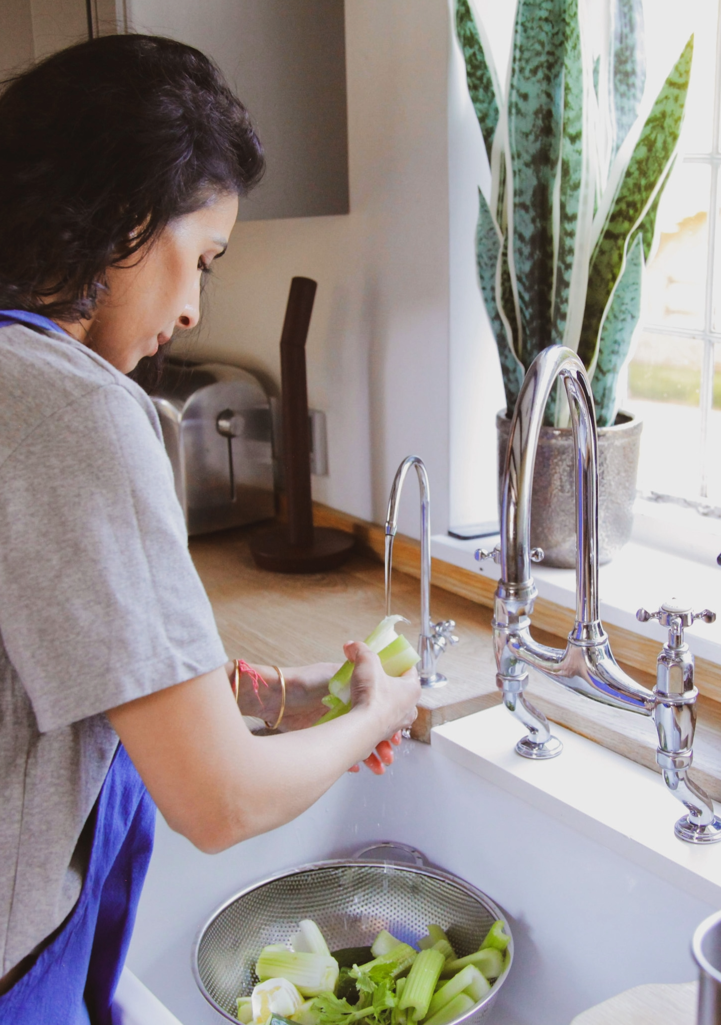 A woman preparing celery stalks in a kitchen next to a stainless steel sink with a large potted plant by the window.