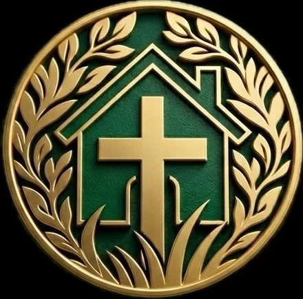 Golden Christian cross within a house icon, surrounded by laurel leaves on a green background.