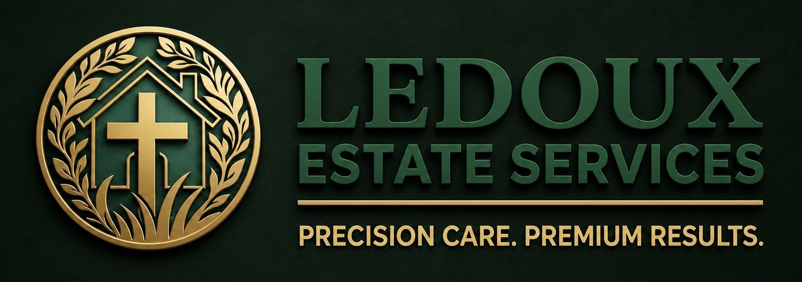 Logo for Ledoux Estate Services featuring a gold emblem with a cross and house surrounded by a wreath, and green text reading 'LEDOUX ESTATE SERVICES' with a tagline 'PRECISION CARE. PREMIUM RESULTS.' in gold.