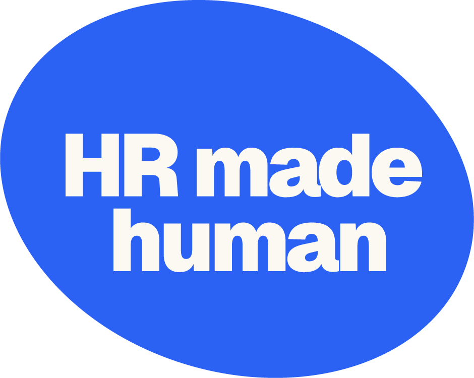 Blue speech bubble with white text saying 'HR made human'.