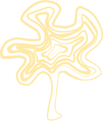 A stylized, abstract line drawing of a flower-like tree with swirling patterns in butter yellow.