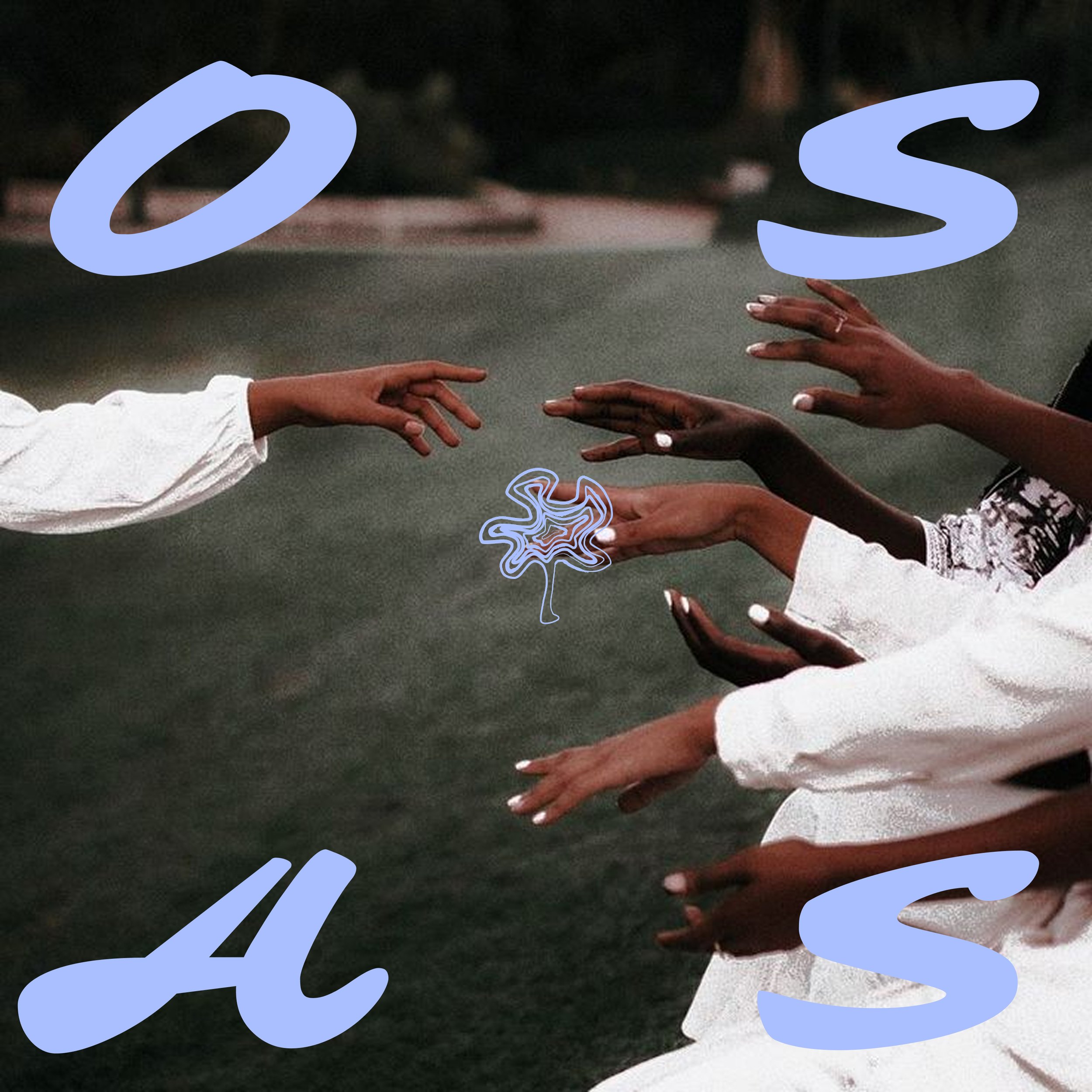 Three pairs of hands reaching towards a small, wavy line drawing of a leaf on a dark, outdoor background. Large, light blue letters spelling 'OSAS' are overlaid on the image.