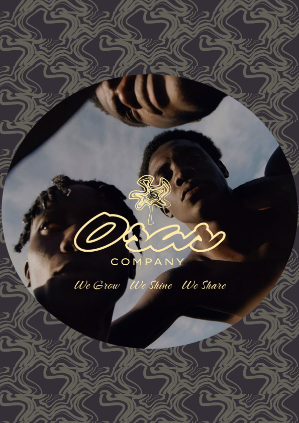 Group of three young Black people looking down into the camera, focusing on their faces against a cloudy sky, with the Osas Company logo and tagline 'We Grow, We Shine, We Share' in the center.