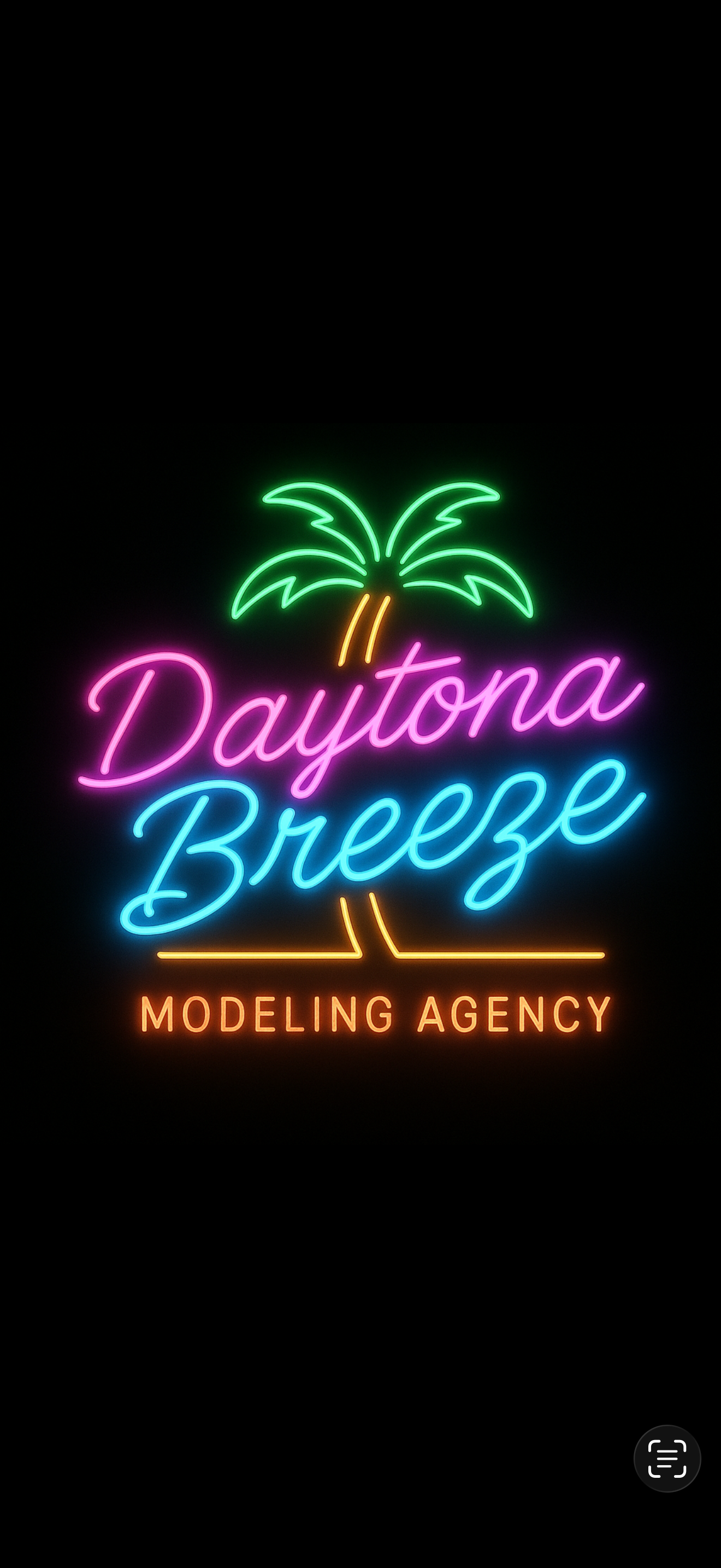 Neon sign reading 'Daytona Breeze Modeling Agency' with a pink and blue script font, a green palm tree, and orange lines on a black background.
